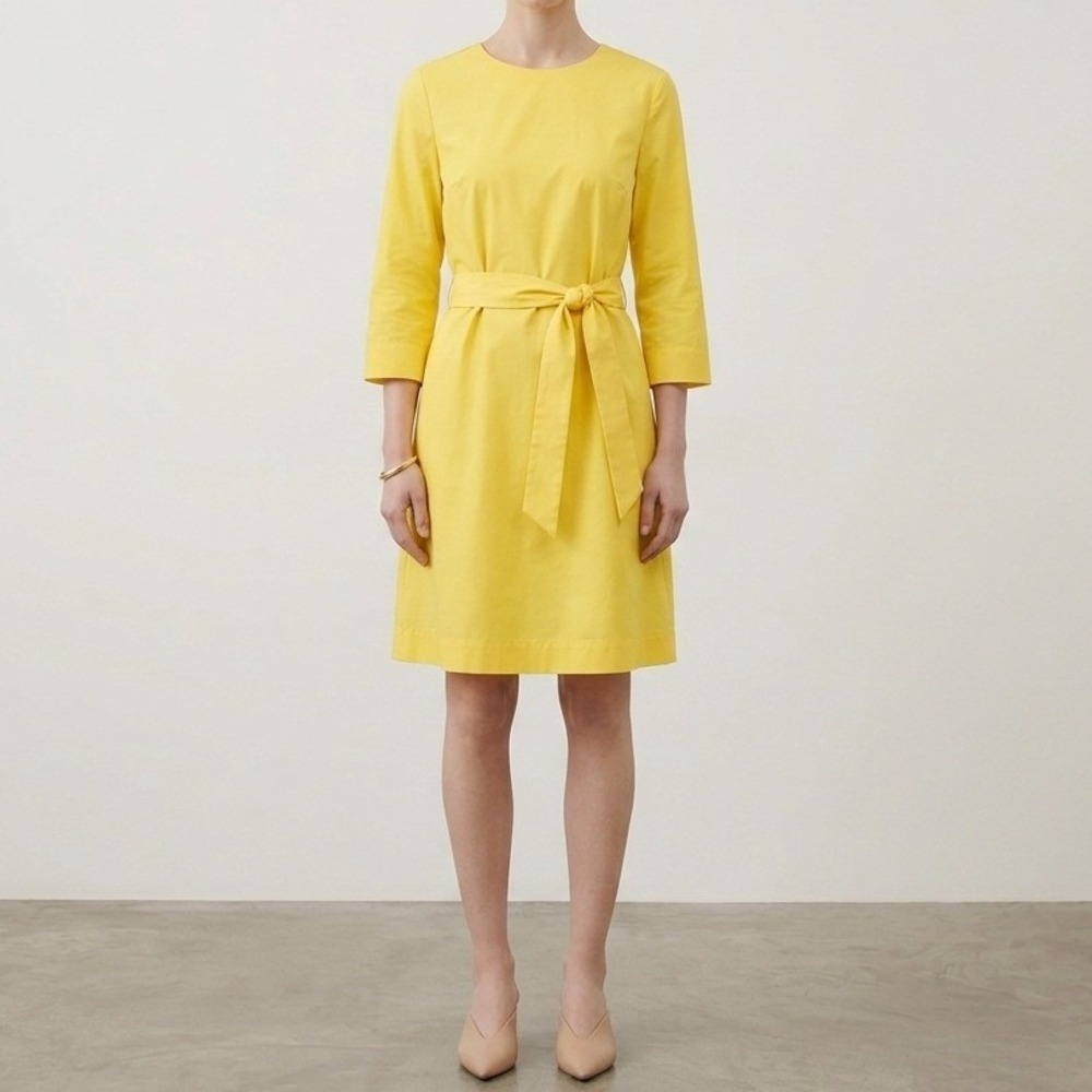 COS‎ Dress Women's 10 Yellow Cotton Belted 3/4 Sleeve Pocketed A-Line Minimalist